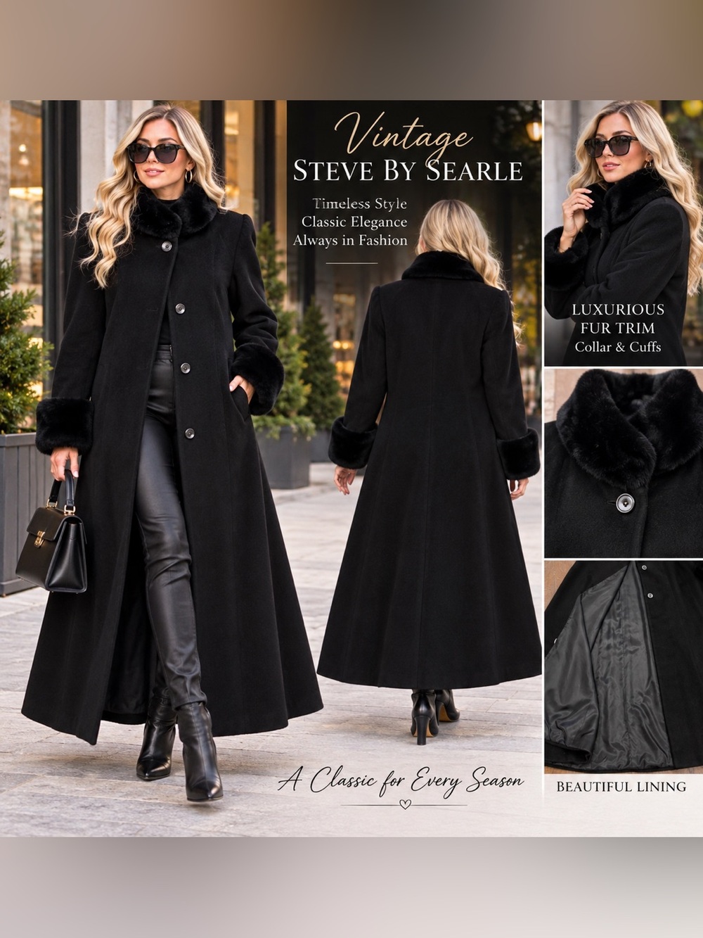 Vintage Steve by Searle Chic Black Fur-Trimmed Full Length Coat